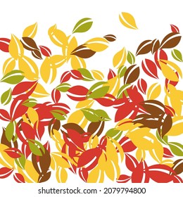 Falling autumn leaves. Red, yellow, green, brown chaotic leaves flying. Gradient colorful foliage on bewitching white background. Awesome back to school sale.