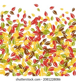 Falling autumn leaves. Red, yellow, green, brown chaotic leaves flying. Gradient colorful foliage on bizarre white background. Awesome back to school sale.