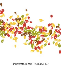 Falling autumn leaves. Red, yellow, green, brown chaotic leaves flying. Falling rain colorful foliage on emotional white background. Breathtaking back to school sale.