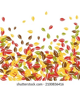Falling autumn leaves. Red, yellow, green, brown chaotic leaves flying. Falling rain colorful foliage on magnetic white background. Breathtaking back to school sale.