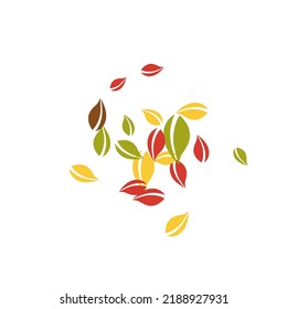 Falling autumn leaves. Red, yellow, green, brown chaotic leaves flying. Explosion colorful foliage on classy white background. Authentic back to school sale.
