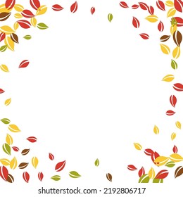 Falling autumn leaves. Red, yellow, green, brown chaotic leaves flying. Vignette colorful foliage on juicy white background. Brilliant back to school sale.
