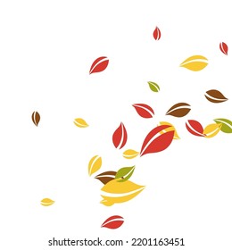 Falling autumn leaves. Red, yellow, green, brown chaotic leaves flying. Corner colorful foliage on great white background. Bold back to school sale.