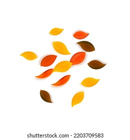 Falling autumn leaves. Red, yellow, green, brown neat leaves flying. Explosion colorful foliage on exotic sunset background. Authentic back to school sale.