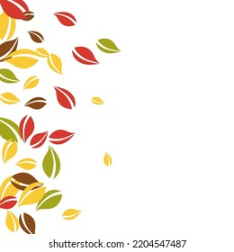 Falling autumn leaves. Red, yellow, green, brown chaotic leaves flying. Gradient colorful foliage on adorable white background. Beauteous back to school sale.
