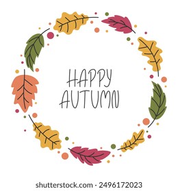 Falling Autumn leaves round Frame. Doodle Autumnal oak Leaf background. Cute Abstract foliage illustration. Template for card, invitation, banner, poster. Vector illustration