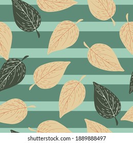Falling autumn leaves seamless hand drawn pattern. Outline foliage print on striped background. Flat vector print for textile, fabric, giftwrap, wallpapers. Endless illustration.