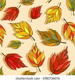 Falling autumn leaves seamless pattern. Colored foliage boundless background. Bright fall endless texture. Red, yellow, orange, green, brown leaves repeating surface design. Colorful autumn backdrop.