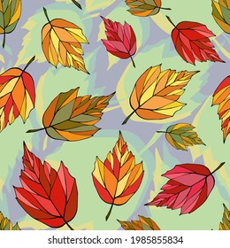 Fallende Herbstblätter nahtlos. Farbiges Blattwerk, unbegrenzter Hintergrund. Hell fallen endlose Textur. Rot, gelb, orange, grün, braun, Blätter wiederholen Oberflächendesign. Farbige Herbstkulisse.