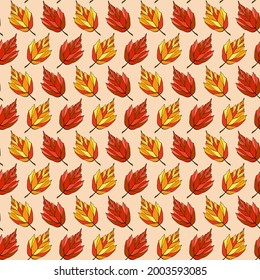 Falling autumn leaves seamless pattern. Colored foliage boundless background. Bright fall endless texture. Red and yellow leaves repeating surface design. Colorful autumn backdrop.