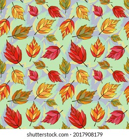 Falling autumn leaves seamless pattern. Colored foliage boundless background. Bright fall endless texture. Red, yellow, orange, green, brown, leaves repeating surface design. Colorful autumn backdrop.