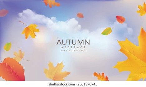 Falling autumn maple, oak and other yellow, red and orange leaves against realistic blue sky with clouds. Vector autumn background. Template for card, banner, wallpaper.