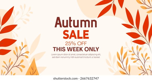 Falling autumn maple, oak and other yellow, red and orange leaves against realistic blue sky with clouds. Vector autumn background. Template for card, banner, wallpaper.