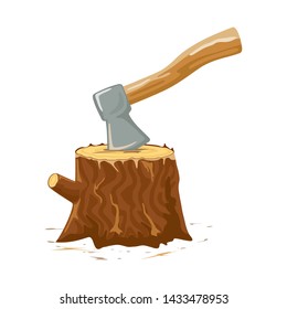 Falling axe is in tree stub. Wood chopper with steel blade is in stump, log, trunk. Lumberman work. Timber cutting, forest harvesting, felling, logging concept. Vector illustration isolated on white.