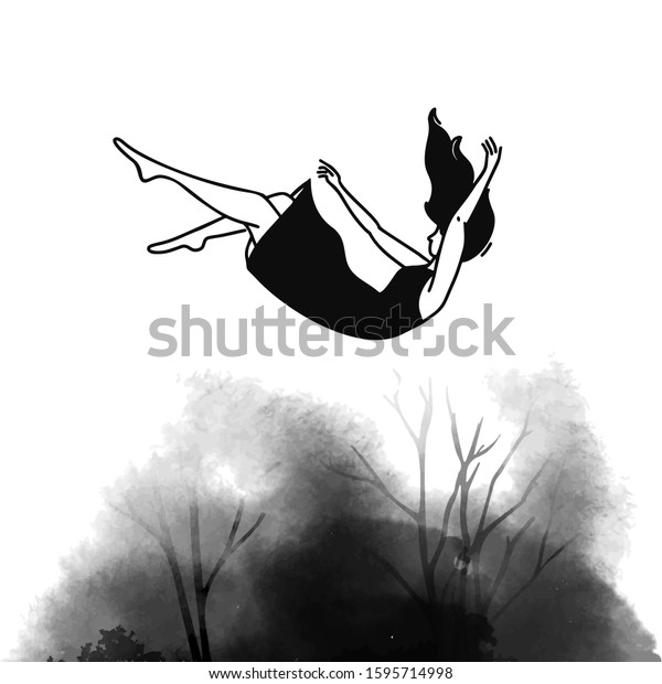 Falling backwards\
woman in dress. Depression disorder, helplessness concept. Feelings\
of sadness and loss. Nightmare of anxious person. Fear illustration\
with black ink stain.