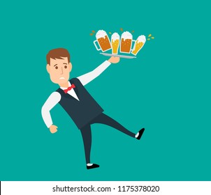 falling balanced waiter with tray beer glasses