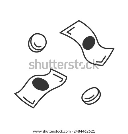 Falling Banknotes and Coins Doodle Line. Money Wealth Richness Earning hand drawn vector illustration