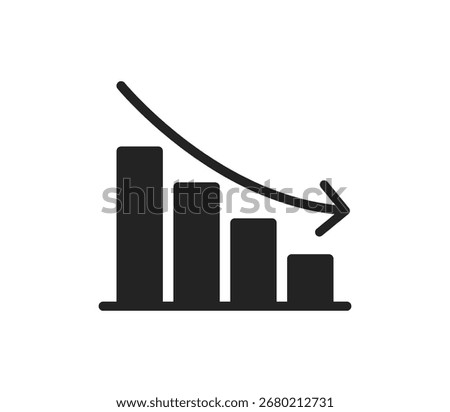 Falling bar chart icon with downward arrow representing business loss, financial decline, negative growth, market risk, crisis, failure, economic downturn, and decreasing trend concept