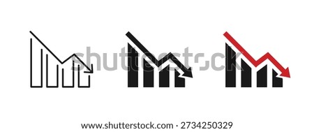 Falling bar chart icon showing business decline and negative trend. Analytics and statistics illustration for finance reports, market loss, revenue decrease, risk assessment, performance analysis.