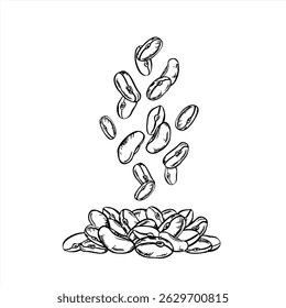 Feijão em queda formando empilhar ilustração de vetor monocromático dinâmico pintado por tintas pretas. Legumes amontoados desenho para embalagem de alimentos orgânicos, produtos veganos, marca agrícola.