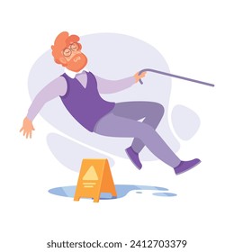 Falling Bearded Man Character Slip on the Ground Vector Illustration