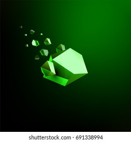 Falling beauty stone, Emerald, space debris, green collapsing asteroid, vector 3D illustration. Isolated unusual logo template