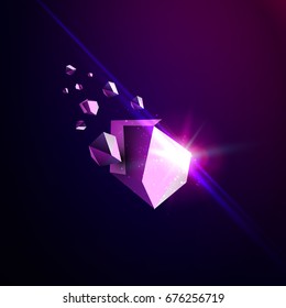 Falling Beauty Stone, Space Debris, Violet Collapsing Asteroid, Vector 3D Illustration. Isolated Unusual Logo Template.