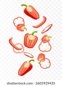 Falling bell pepper isolated on transparent background. Сhopped pieces of red Bulgarian pepper flying, selective focus. Can be used for advertising, packaging, banner print. Realistic 3d vector design