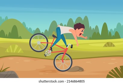 Falling from bike. Boy on street road accident on bike kids in dangerous shocked exact vector cartoon background in cartoon style