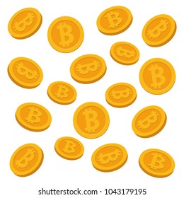 A lot of falling bit-beaten, falling, isolated on a white background back. Bitcoin. Mountain crypto-currency. Gold coins with the emblem of bitcoins. Vector illustration.