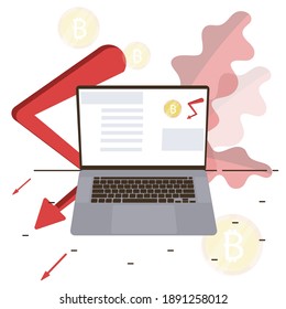 Falling bitcoin. The concept of cryptocurrency and blockchain. Digital money market, investment, finance and trade. Flat vector illustration of computer electronic money.