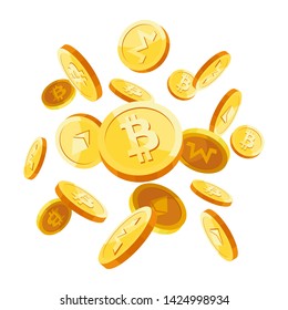 Falling Bitcoin gold coins / icons. Cryptocurrency coins burst. Isolated vector flat illustration with transparent background.