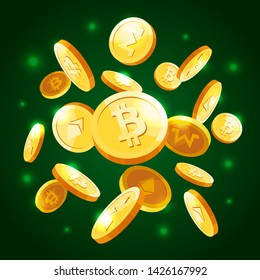 Falling Bitcoin gold coins / icons. Cryptocurrency coins burst. Flat vector illustration on the green gradient background with light effects.