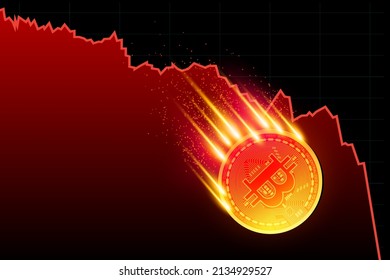 Falling bitcoin on fire on a black background 