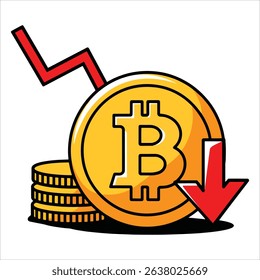 Falling Bitcoin price vector art depicting crypto market downturn. Perfect for volatility concepts, risk assessment infographics, and trading analysis visuals.