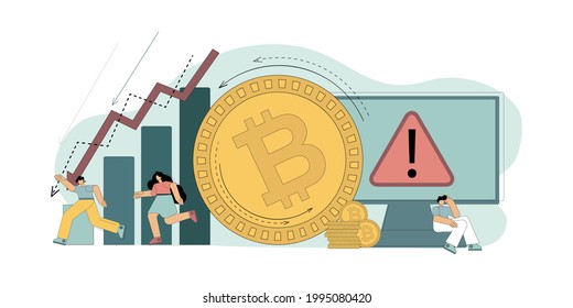Falling bitcoin, recession. The bitcoin coin is rolling towards a decreasing histogram. Small people run in panic. Vector flat illustration