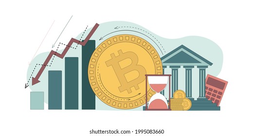 Falling bitcoin, recession. The bitcoin coin is rolling towards a decreasing histogram. Vector flat illustration