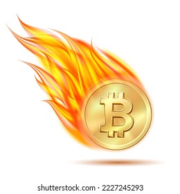 Herabfallendes Bitcoin-Zeichen auf Feuer. Symbol der zerplatzten Finanzpyramide. Vektorgrafik einzeln auf weißem Hintergrund