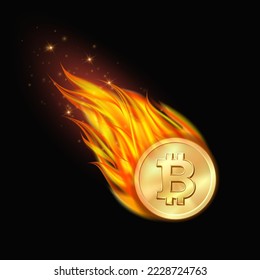 Falling bitcoin sign on fire. Symbol of burst financial pyramid. Vector illustration