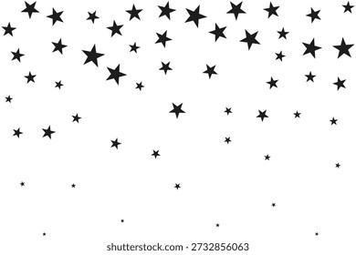 Falling black five-point stars confetti. An arrangement of different-sized, scattered star-shaped symbols.