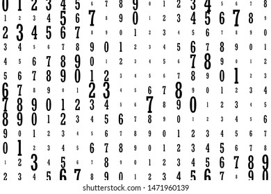 The falling Black numbers 0 to 9 are random, chaotic on a white background. Pattern in a matrix style. Binary code pattern with digits on screen, falling character. Abstract digital backdrop. Vecto