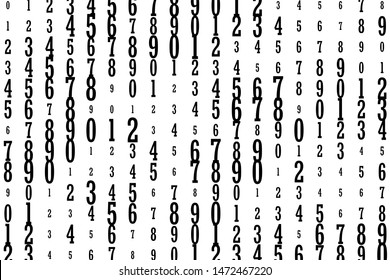 The falling Black numbers 0 to 9 are random, chaotic on a white background.
Pattern in a matrix style. Binary code pattern with digits on screen, falling character. Abstract digital backdrop. Vecto