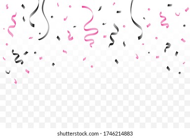 Falling black and pink confetti and Ribbon isolated on transparent background, Celebration background, Vector.