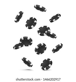 Falling black poker chips on white background. Vector illustration.