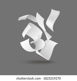 Falling blank paper. White chaotic flying empty group of sheets, scattered notes with curved pages corners, realistic clean office different forms documents in air mockup, 3d vector isolated template