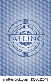 Falling blue badge with geometric background.