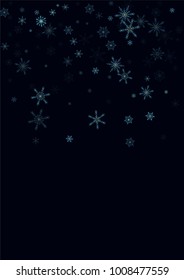 Falling blue christmas snow on black. Vector New Year snowflake abstract background. Glitter confetti. Snowflakes decoration effect. Winter holiday print. Snowfall texture for poster, banner, card.