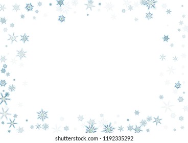 Falling blue christmas snow on white. Vector New Year snowflake abstract background. Gllitter confetti. Snowflakes decoration effect. Winter holiday print. Snowfall texture for poster, banner, card.