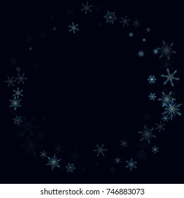 Falling blue christmas snow on black. Vector New Year snowflake abstract background. Glitter confetti. Snowflakes decoration effect. Winter holiday print. Snowfall texture for poster, banner, card.