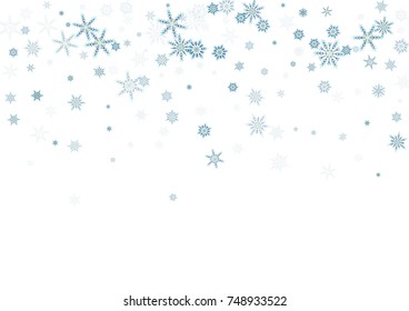 Falling blue christmas snow on white. Vector New Year snowflake abstract background. Gllitter confetti. Snowflakes decoration effect. Winter holiday print. Snowfall texture for poster, banner, card.